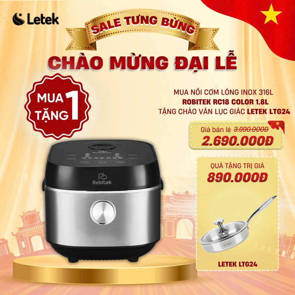 NỒI CƠM ĐIỆN LÒNG INOX ROBITEK RC18 COLOR – DUNG TÍCH 1.8L – NẤU CƠM TÁCH ĐƯỜNG, NỒI CƠM 14 CHỨC NĂNG